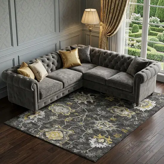 Graphite Ivory And Gold Floral Medallion Distressed Washable Area Rug With UV Protection Photo 1