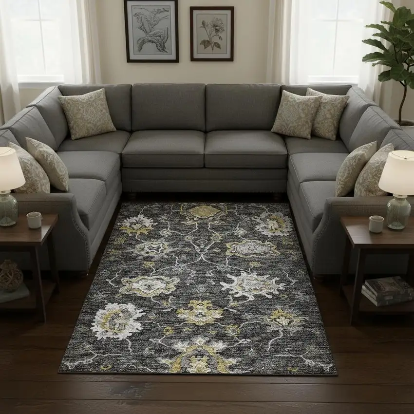 Graphite Ivory And Gold Floral Medallion Washable Area Rug With UV Protection Photo 1