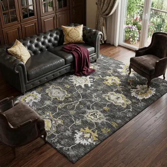 Graphite Ivory And Gold Floral Medallion Distressed Washable Area Rug With UV Protection Photo 1