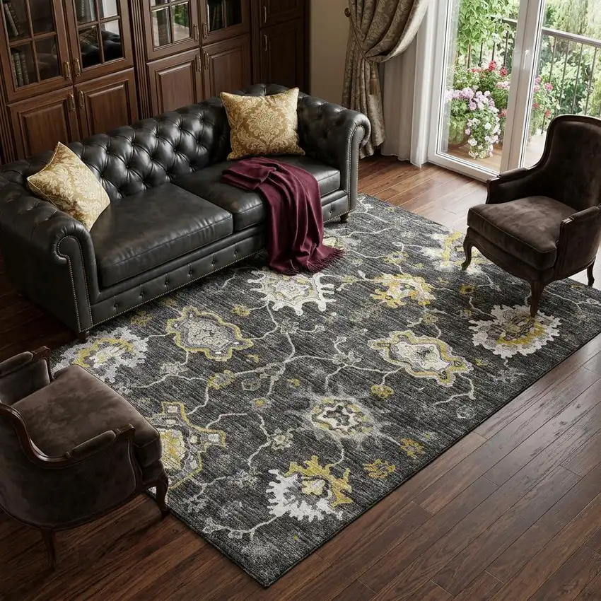 Graphite Ivory And Gold Floral Medallion Distressed Washable Area Rug With UV Protection Photo 1