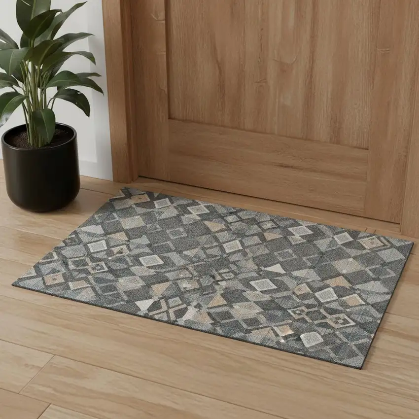 Graphite Peach And Ivory Geometric Washable Area Rug With UV Protection Photo 1