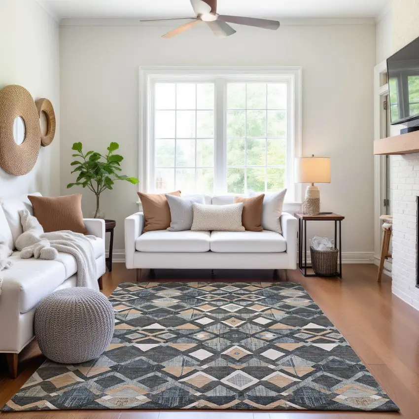 Graphite Peach And Ivory Geometric Washable Area Rug With UV Protection Photo 5