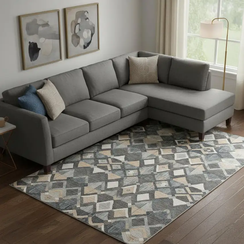 Graphite Peach And Ivory Geometric Washable Area Rug With UV Protection Photo 2