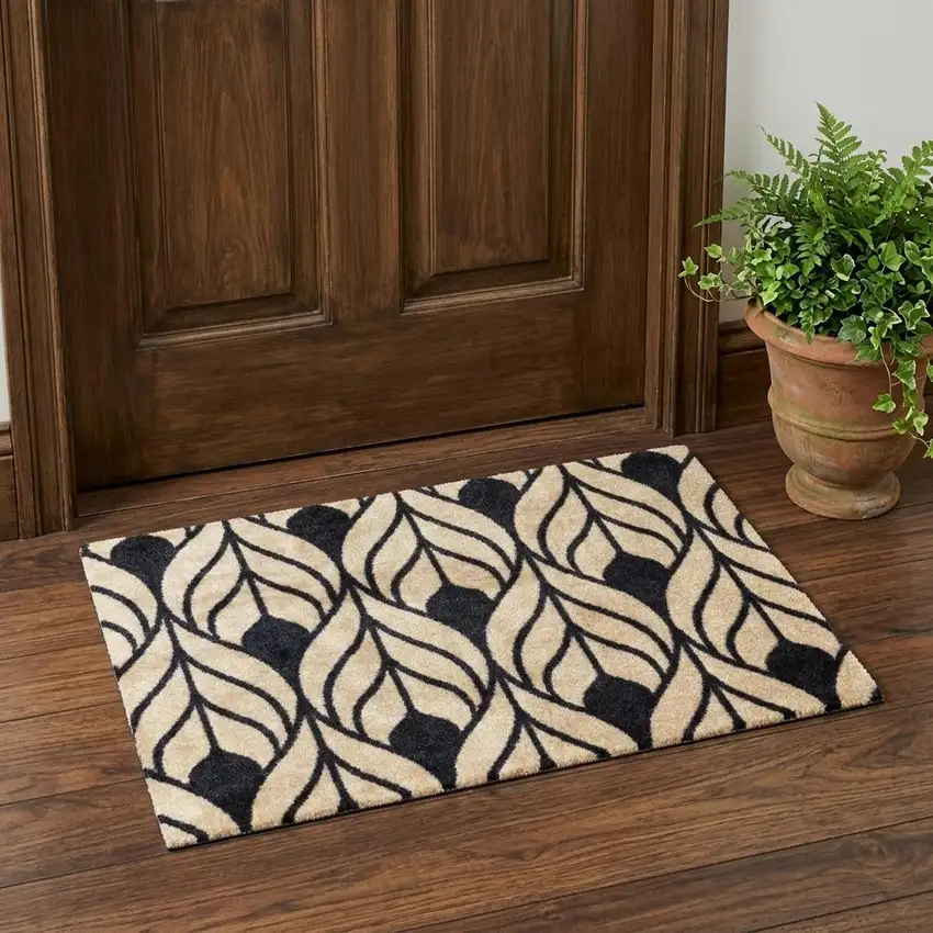 Graphite and Tan Abstract Leaves Washable Floor Mat Photo 1