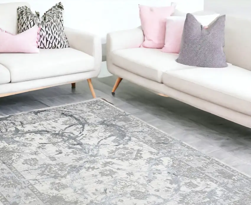 Gray Abstract Area Rug With Fringe Photo 1
