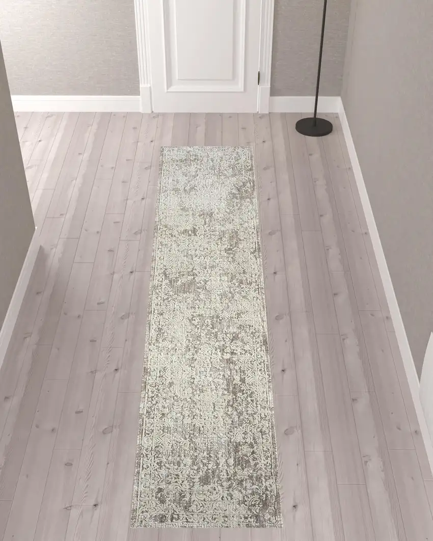 Gray Abstract Distressed Runner Rug Photo 8