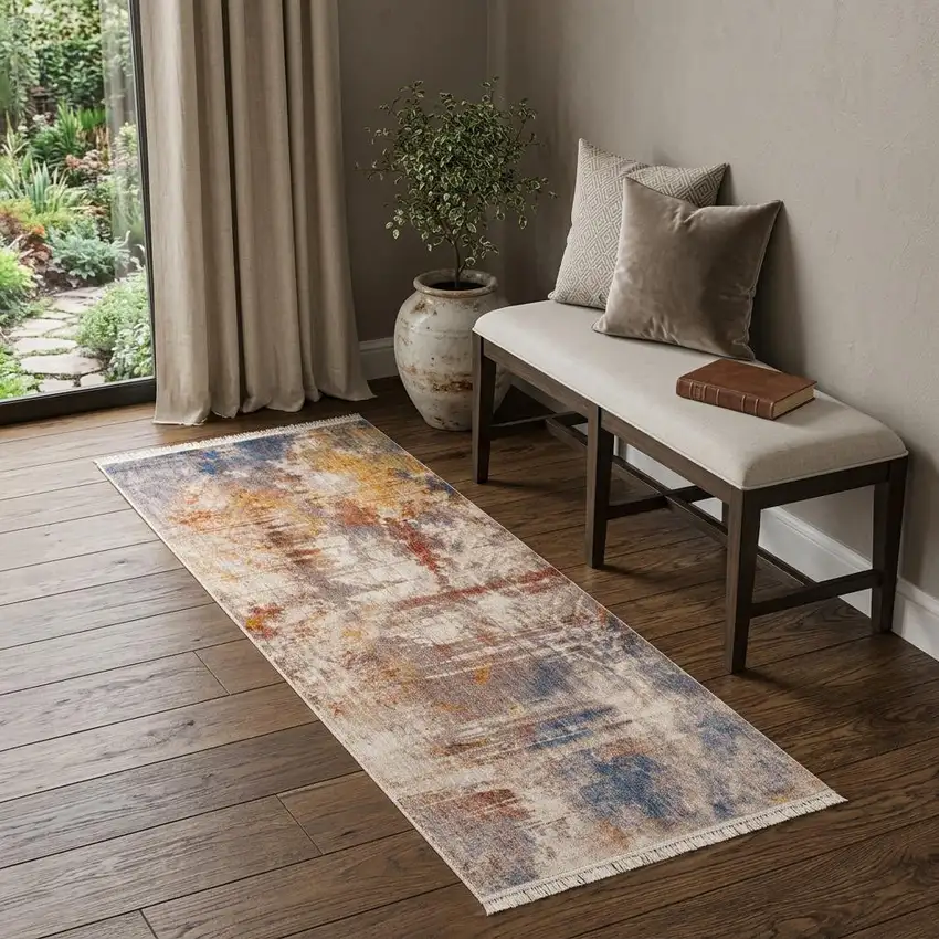 Gray Abstract Distressed Runner Rug Photo 1