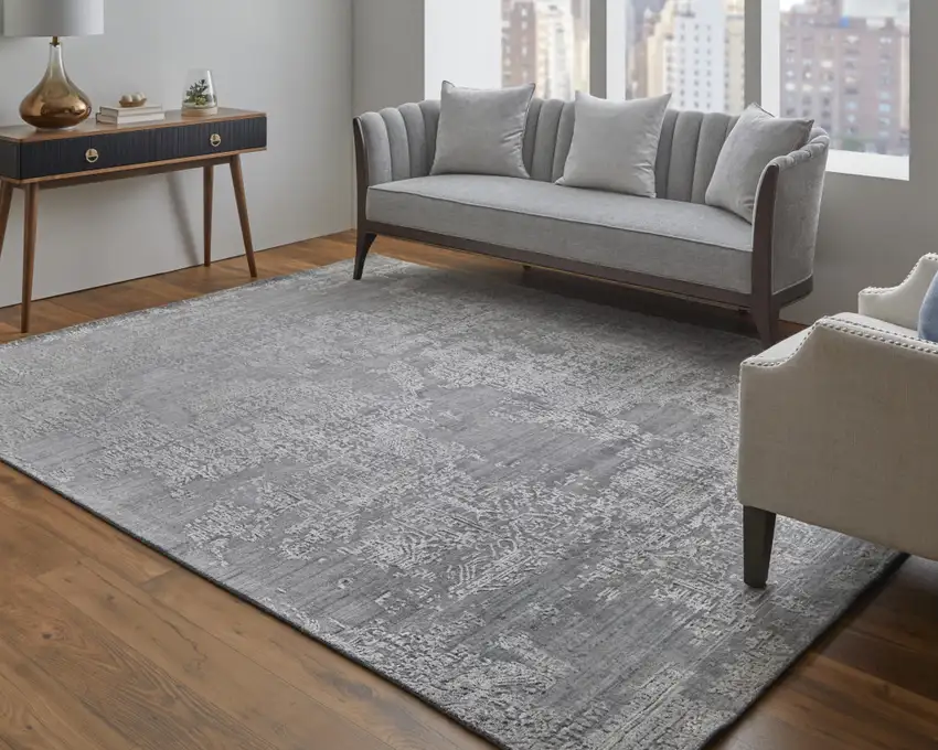 Gray Abstract Hand Woven Worn Faded Area Rug Photo 8
