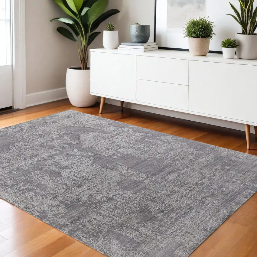 Gray And Silver Abstract Hand Woven Distressed Area Rug Photo 1