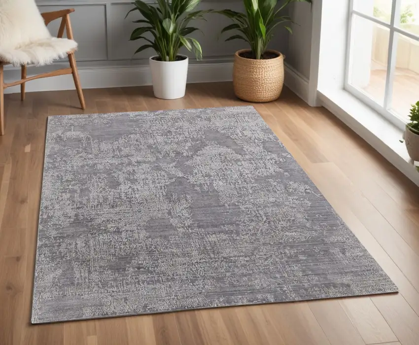 Gray Abstract Hand Woven Worn Faded Area Rug Photo 1