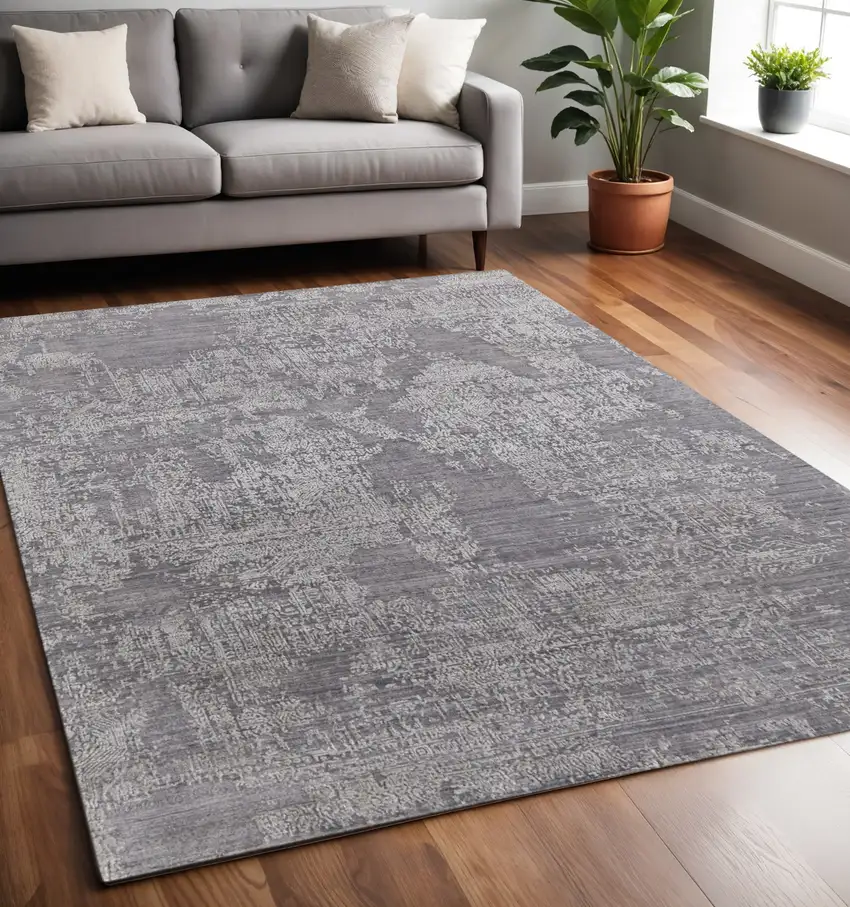 Gray And Silver Abstract Hand Woven Distressed Area Rug Photo 1