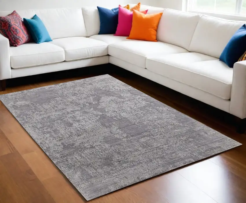 Gray Abstract Hand Woven Worn Faded Area Rug Photo 1
