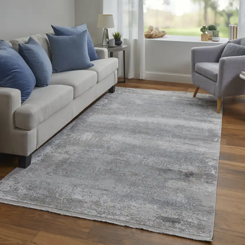 Gray Abstract Power Loom Area Rug With Fringe Photo 9