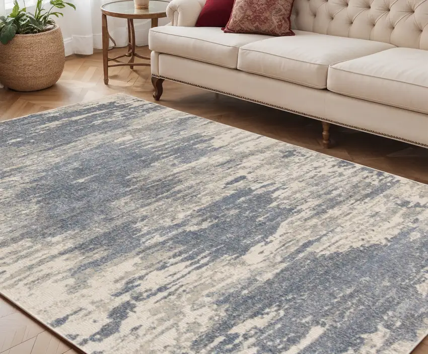Ivory Blue and Gray Abstract Power Loom Area Rug Photo 1
