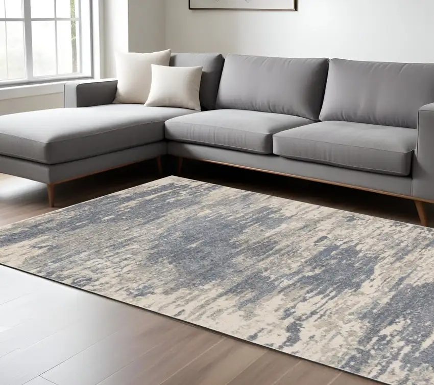 Ivory Blue and Gray Abstract Power Loom Area Rug Photo 1