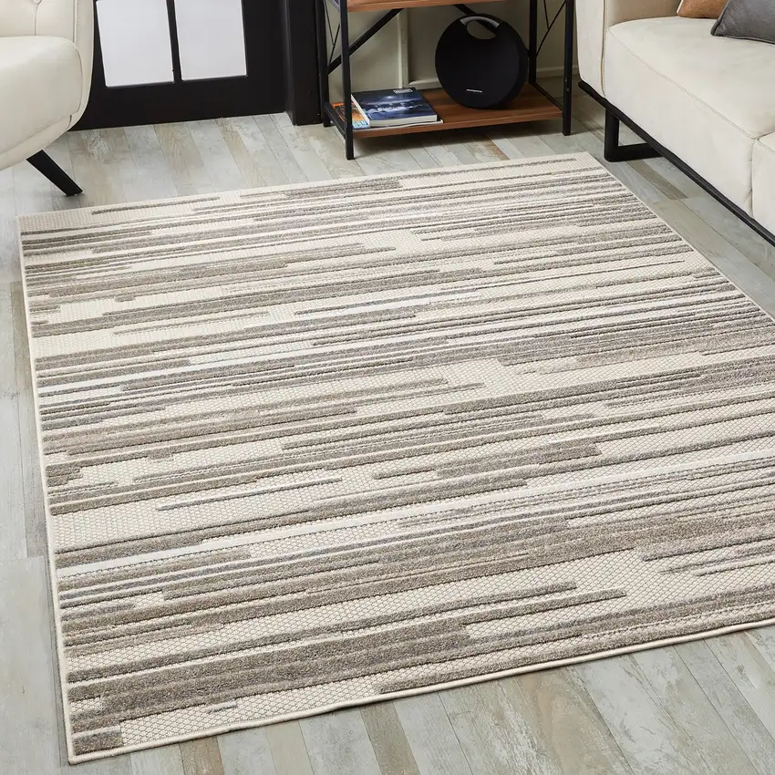 Gray Abstract Striped Indoor Outdoor Area Rug Photo 7