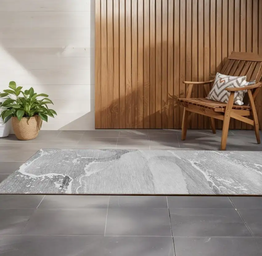 Gray Abstract Washable Indoor Outdoor Runner Rug Photo 1