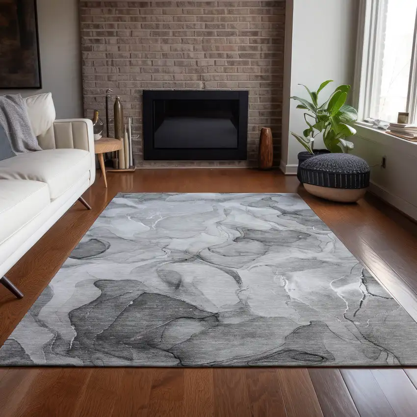 Gray Abstract Washable Non Skid Indoor Outdoor Area Rug Photo 9