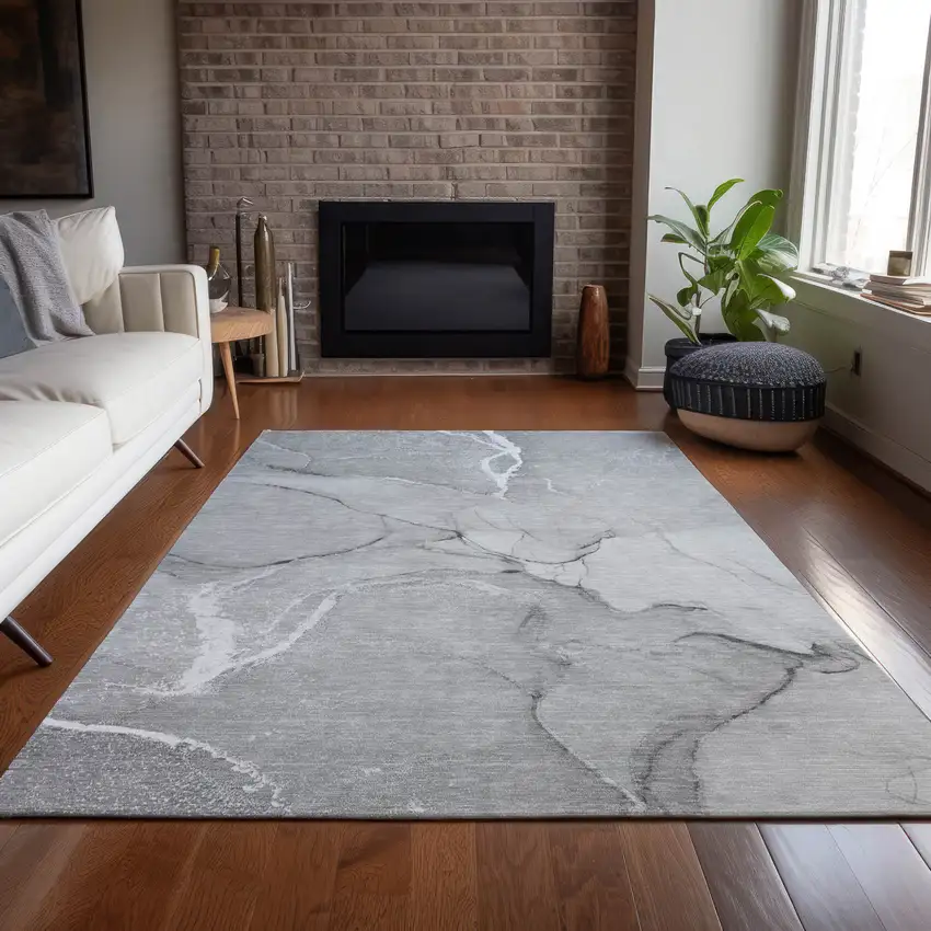 Gray Abstract Washable Non Skid Indoor Outdoor Area Rug Photo 9