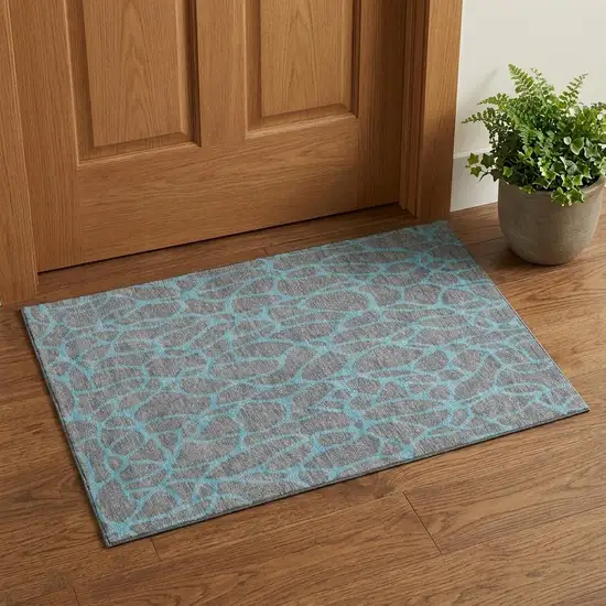 Gray And Aqua Geometric Washable Area Rug With UV Protection Photo 1