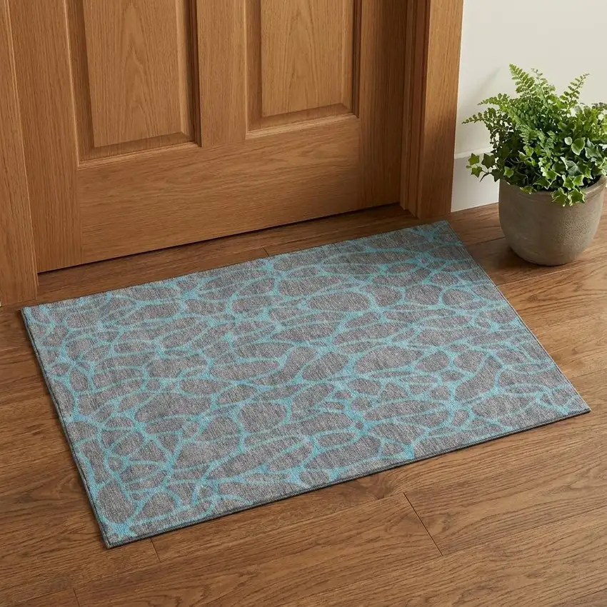 Gray And Aqua Geometric Washable Area Rug With UV Protection Photo 1