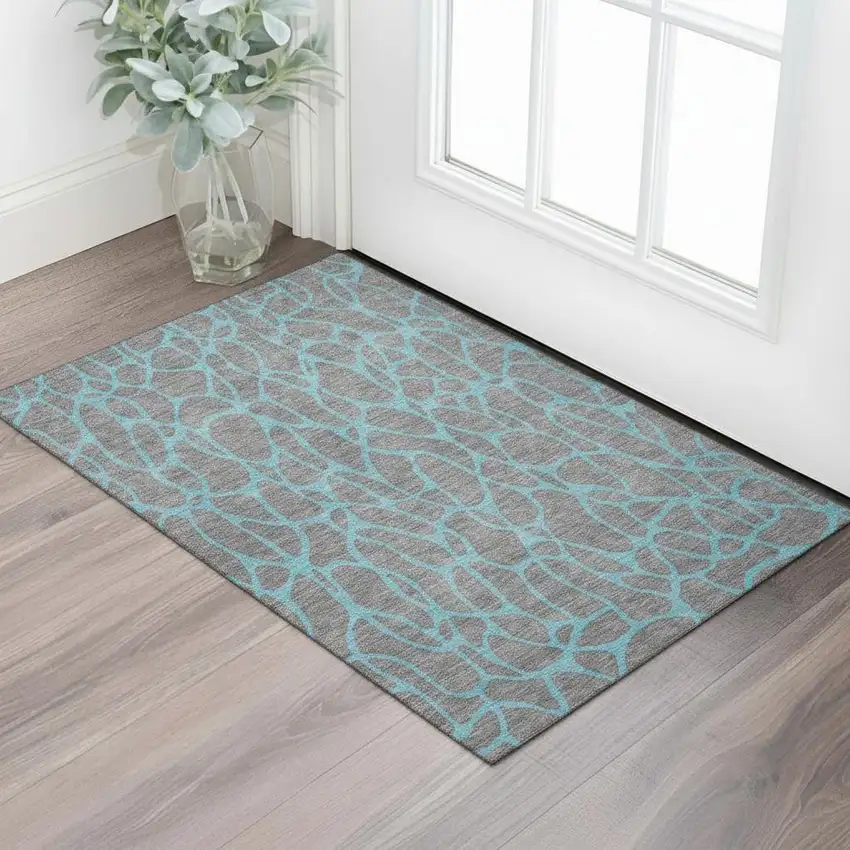 Gray And Aqua Geometric Washable Area Rug With UV Protection Photo 2