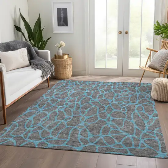 Gray And Aqua Geometric Washable Area Rug With UV Protection Photo 5