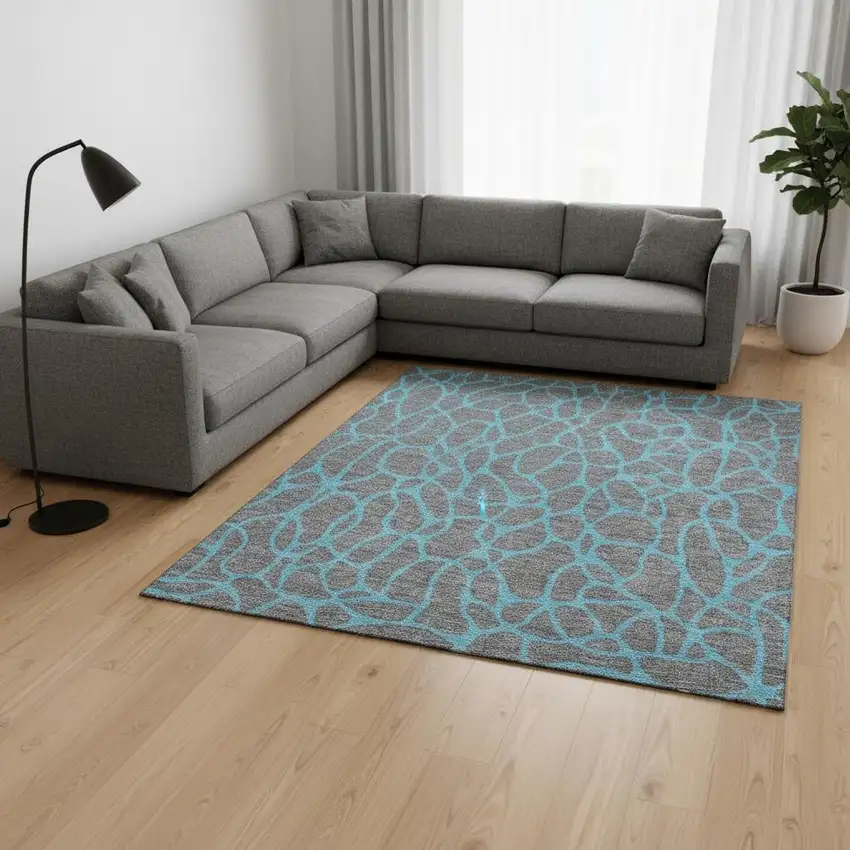 Gray And Aqua Geometric Washable Area Rug With UV Protection Photo 2