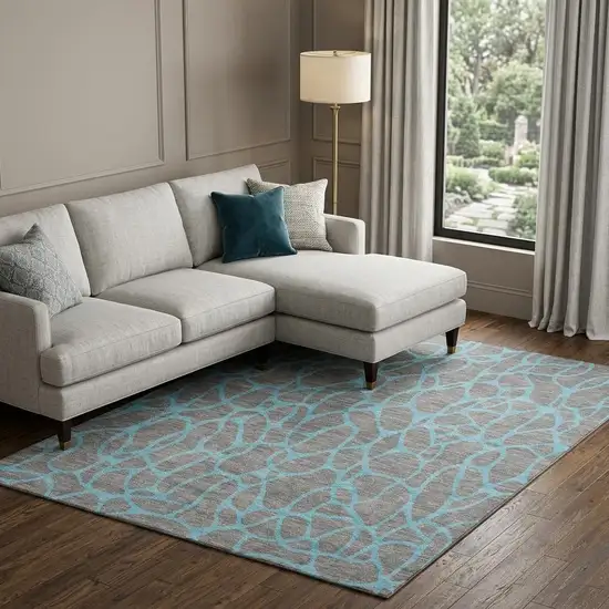 Gray And Aqua Geometric Washable Area Rug With UV Protection Photo 1