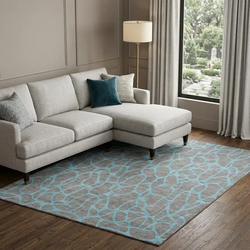 Gray And Aqua Geometric Washable Area Rug With UV Protection Photo 1