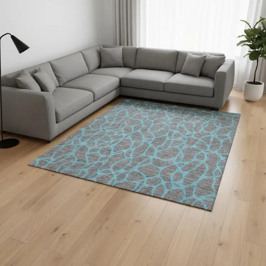 Gray And Aqua Geometric Washable Area Rug With UV Protection Photo 2