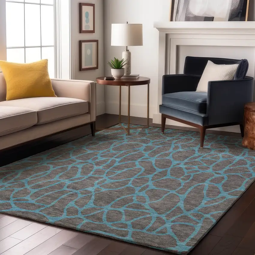 Gray And Aqua Geometric Washable Area Rug With UV Protection Photo 4