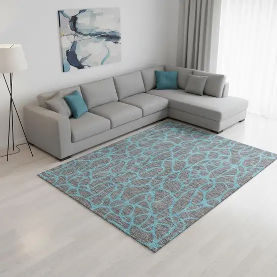 Gray And Aqua Geometric Washable Area Rug With UV Protection Photo 2