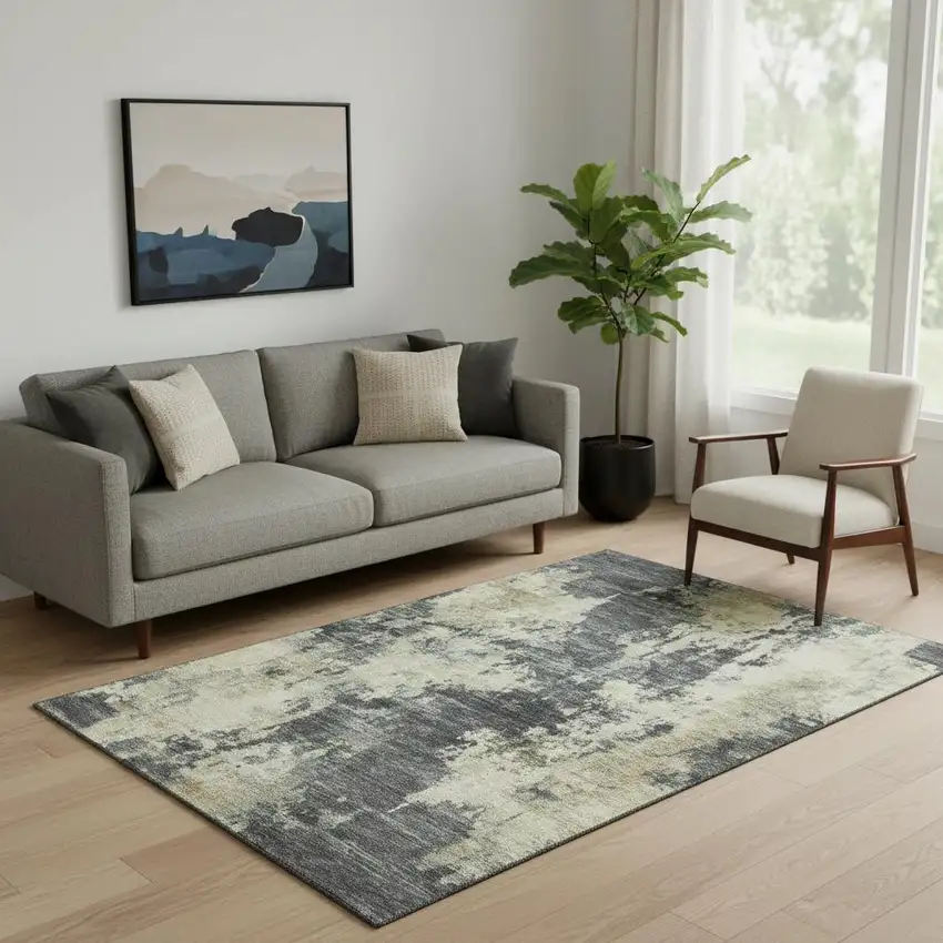 Gray And Beige Abstract Washable Area Rug With UV Protection Photo 2