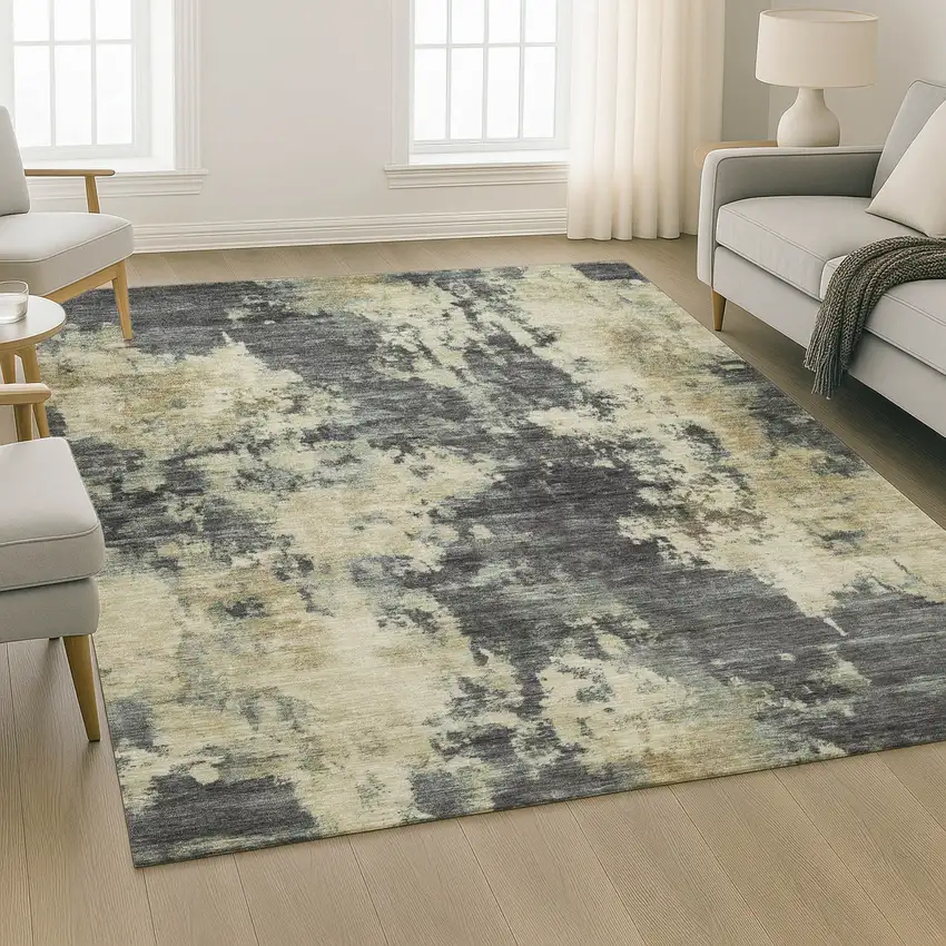 Gray And Beige Abstract Washable Area Rug With UV Protection Photo 6