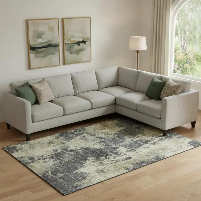 Gray And Beige Abstract Washable Area Rug With UV Protection Photo 2