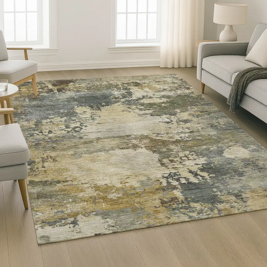 Gray And Beige Abstract Washable Area Rug With UV Protection Photo 6