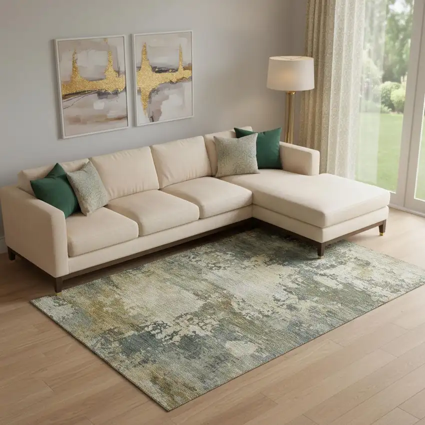 Gray And Beige Abstract Washable Area Rug With UV Protection Photo 2
