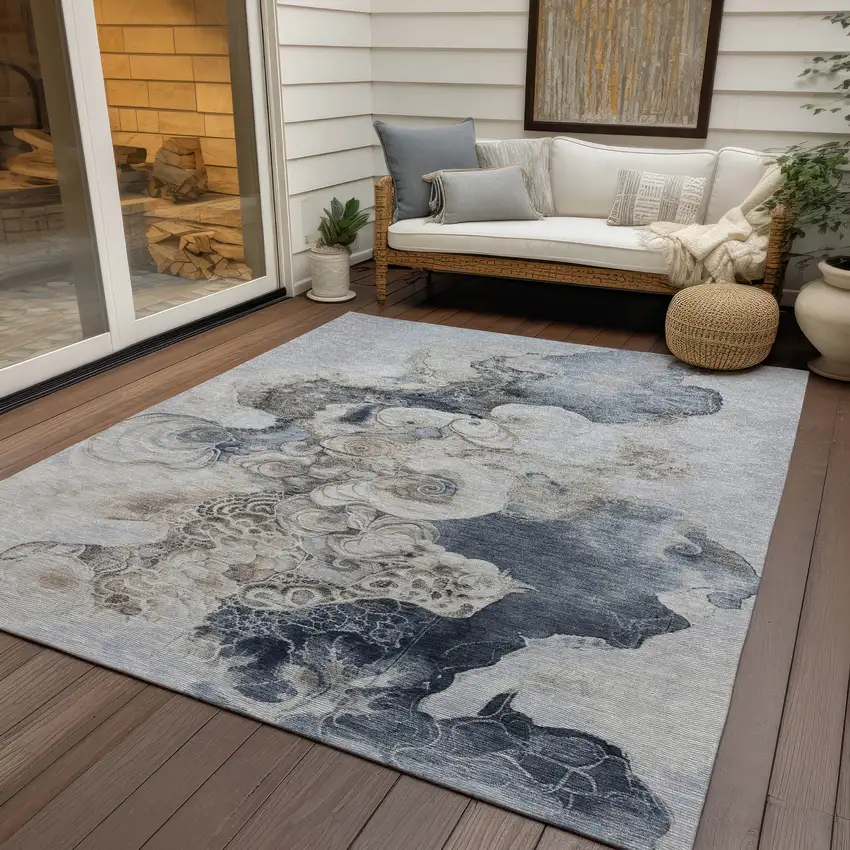 Gray And Beige Abstract Washable Indoor Outdoor Area Rug Photo 5
