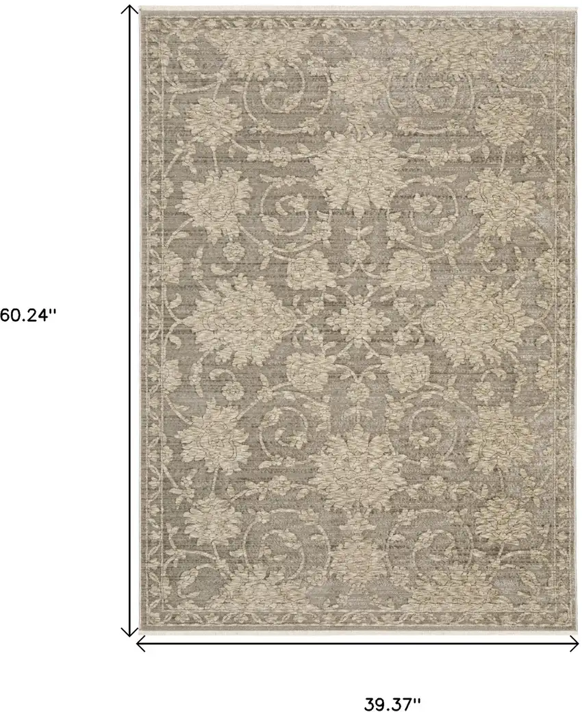Gray And Beige Floral Area Rug With Fringe Photo 3