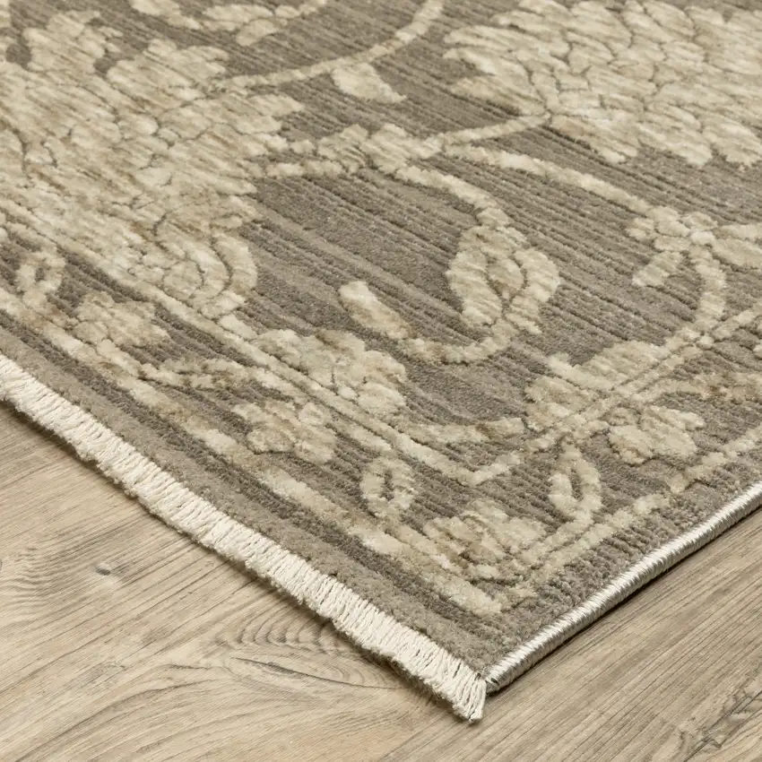 Gray And Beige Floral Area Rug With Fringe Photo 7