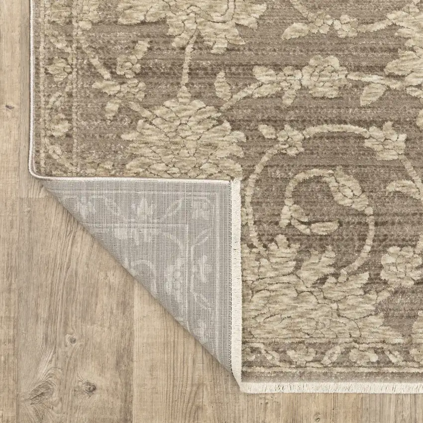 Gray And Beige Floral Area Rug With Fringe Photo 9