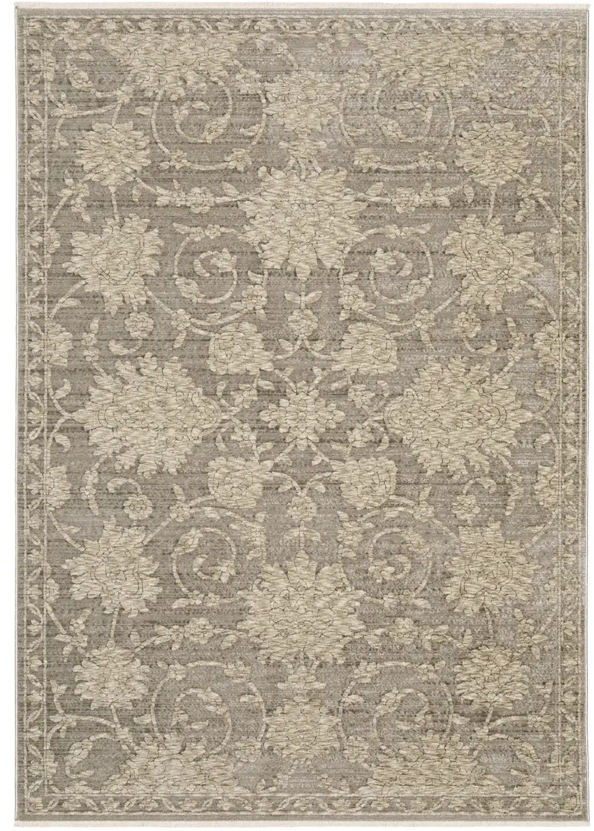 Gray And Beige Floral Area Rug With Fringe Photo 2