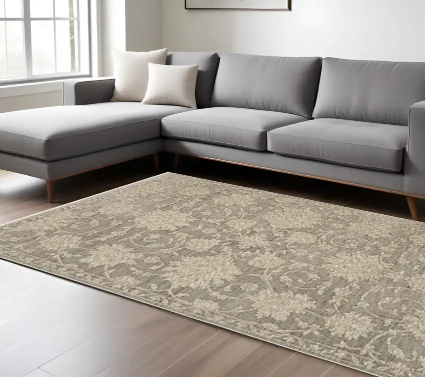 Gray And Beige Floral Area Rug With Fringe Photo 1