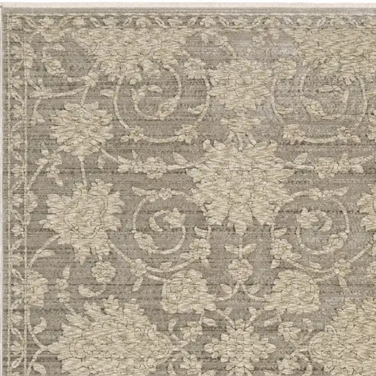 Gray And Beige Floral Area Rug With Fringe Photo 5