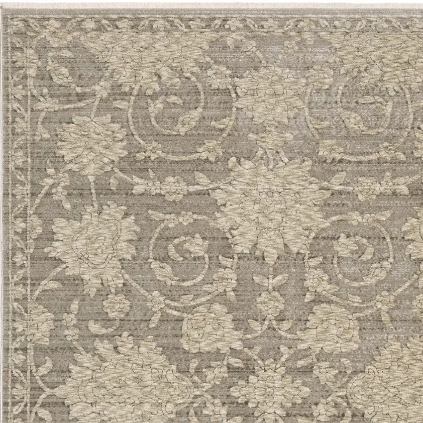 Gray And Beige Floral Area Rug With Fringe Photo 5