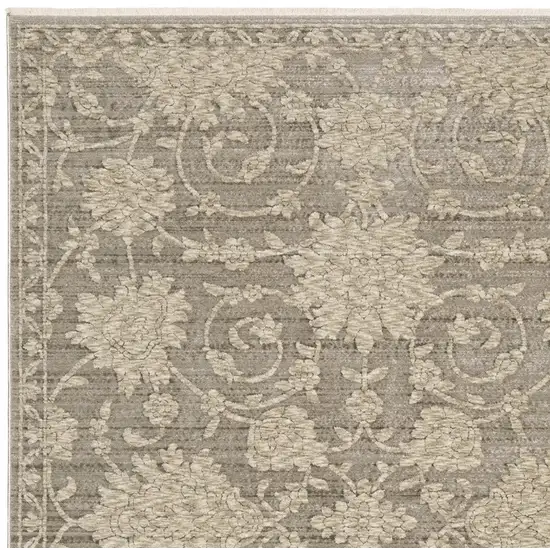 Gray And Beige Floral Area Rug With Fringe Photo 5