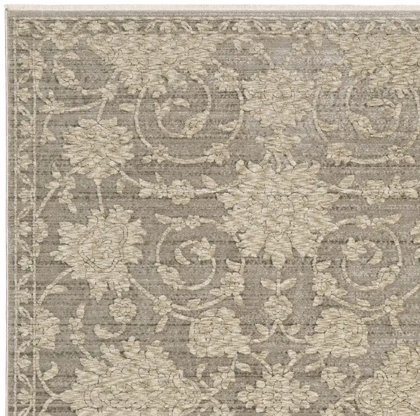 Gray And Beige Floral Area Rug With Fringe Photo 5