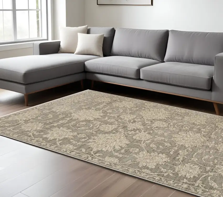 Gray And Beige Floral Area Rug With Fringe Photo 1