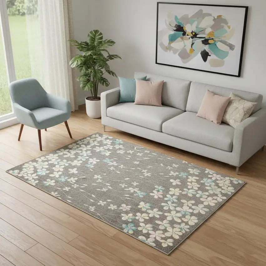 Gray And Beige Floral Area Rug Photo 1